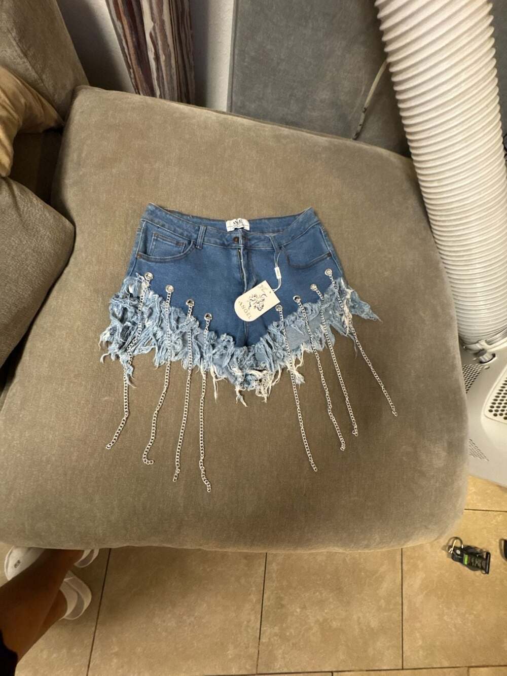 Angel Denim Shorts Size XL Blue Fringe Chain Distressed